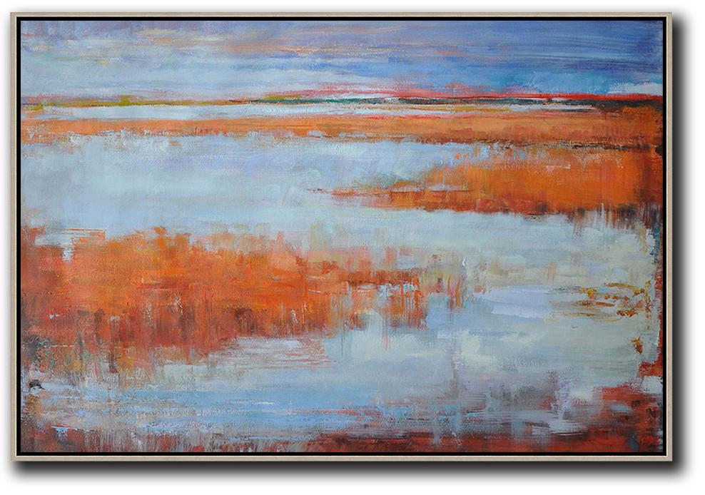 Original Abstract Painting Extra Large Canvas Art,Horizontal Abstract Landscape Oil Painting On Canvas,Hand-Painted Canvas Art,Blue,Orange,Grey,Red.etc